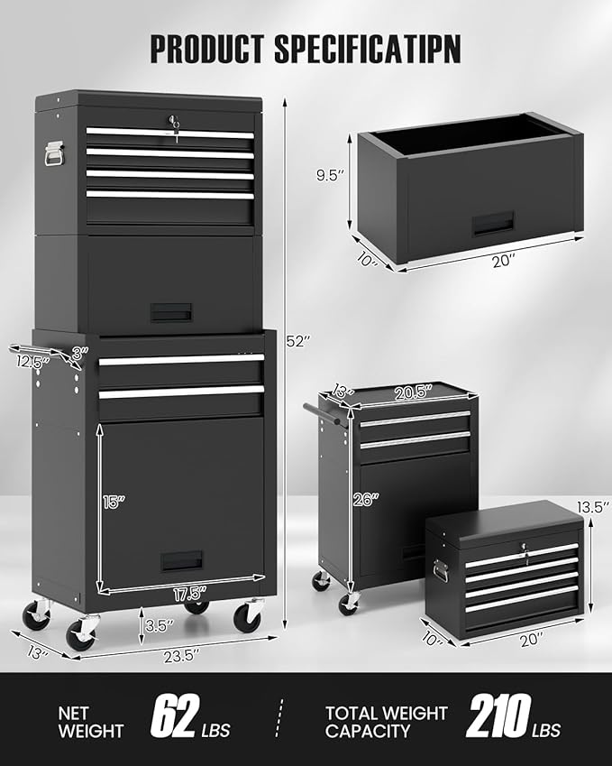 ARNOT 2-in-1 Rolling Tool Chest with 5 Drawers, Heavy-Duty Metal Tool Box with Wheels, Detachable Top Tool Box & Rolling Tool Cabinet for Garage, DIY (6-Drawers Whith Middle Box, Black)