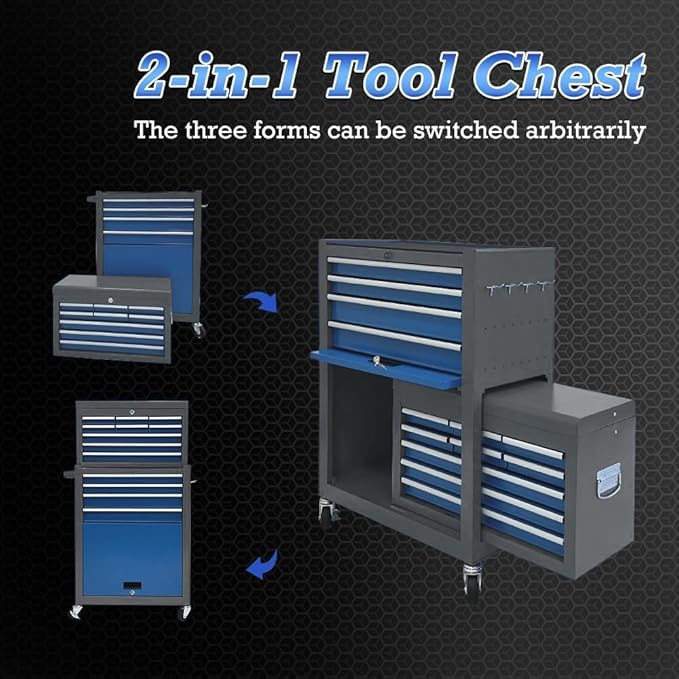 13-Drawer Rolling Tool Chest,Toolbox with Wheels,Tool Cabinets with Drawers, Top Detachable Tool Box with Hooks Handles for Workshop Mechanical Garage (blue£¦grey)