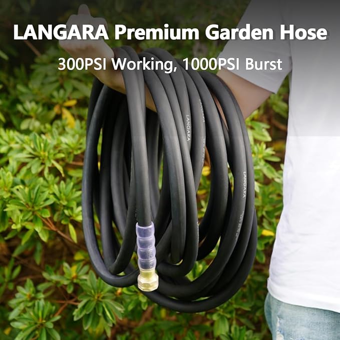 Heavy Duty Premium Garden Hose 25ft x 3/4, 300PSI Working, 1000PSI Burst, Hybrid Rubber Water Hose with Transparent Swivel Handle - Hot/Cold Water - Five Layered Braiding with Brass fittings (Black)