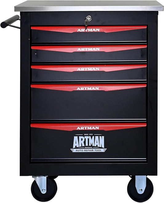 RYH 4/5/6/7 Drawers Rolling Tool Chest -Heavy Duty Mobile Metal Tool Box with Locking Wheels, with Stainless Steel Worktop, Garage Tool Storage Cabinet (Black, 5-Drawers 30.7 H¡¿22.2 W)