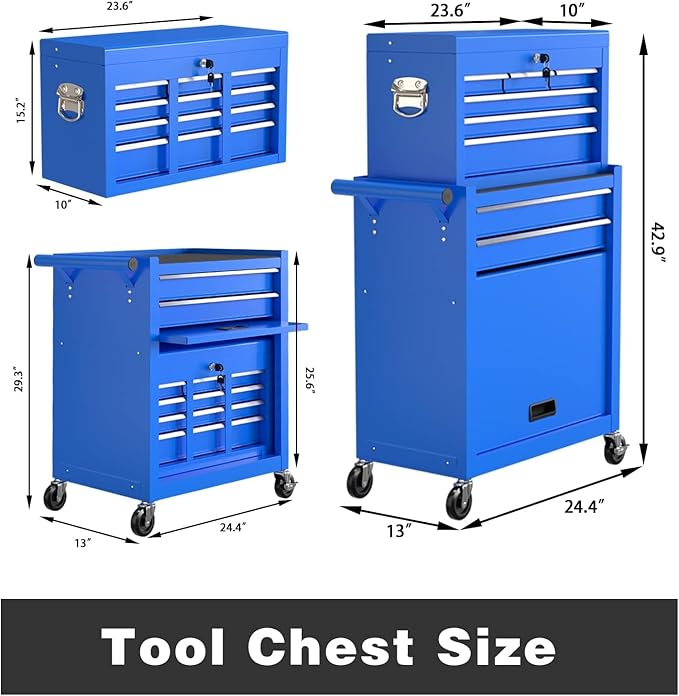 8-Drawer Tool Box with Wheels, Rolling Tool Storage Cabinet with Detachable Top Tool Chest and Locking Mechanism, Metal Tool Cart for Garage Workshop and Room Use (Blue)