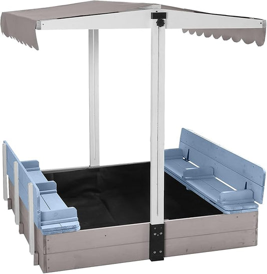 Wooden Sand Box with Cover,Sandbox with Lid Foldable Beench Seats,Sand Boxes for Backyard Garden, Beach Patio Outdoor (Sandbox-B)
