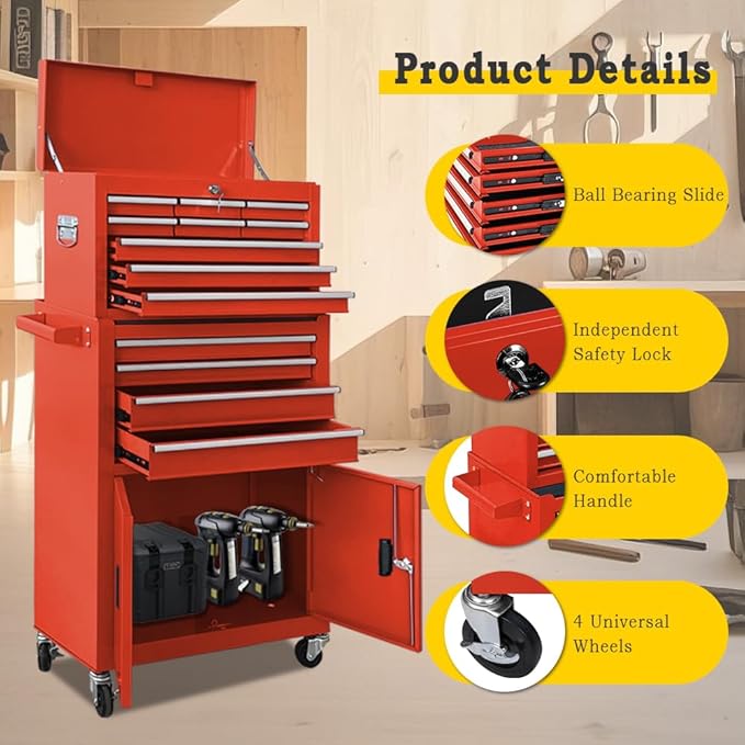 13-Drawer Rolling Tool Chest with Double Door Handle, 2 in 1 Detachable Tool Chest, Large Tool Storage with Wheels, Lockable Tool Cabinet for Garage, Barbershop-Red