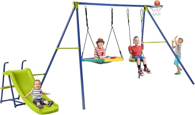 Costzon Swing Sets for Backyard, 4-in-1 Heavy Duty Large Metal Swing Frame w/2 Adjustable Swings, Slide, Basketball Hoop, Play Equipment for Indoor Outdoor, Gift for Kids