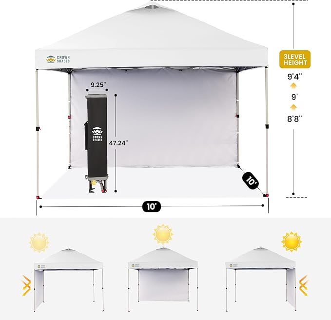 CROWN SHADES 10x10 Pop Up Canopy with 1 Side Wall - Beach Tent with One Push Setup - Outdoor Sun Shade for Events, Parties, Camping - Gazebo with STO-N-Go Cover Bag (White)