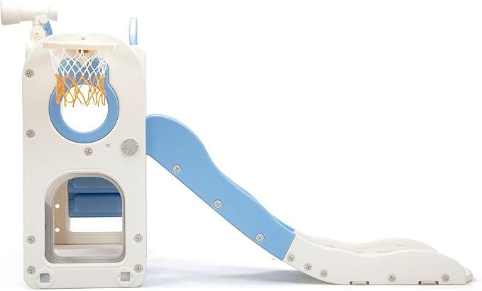 8-in-1 Toddler Slide and Climber Playset, Kids Slide Playground with Stairs, Tunnel, Telescope, Storage, Basketball Hoop and Ball, Indoor Outdoor, 1-3 Years Old, Blue