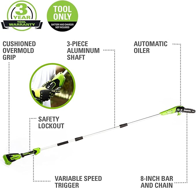 Greenworks 24V 8 Cordless Polesaw (Great For Pruning and Trimming Branches / 200+ Compatible Tools), Tool Only