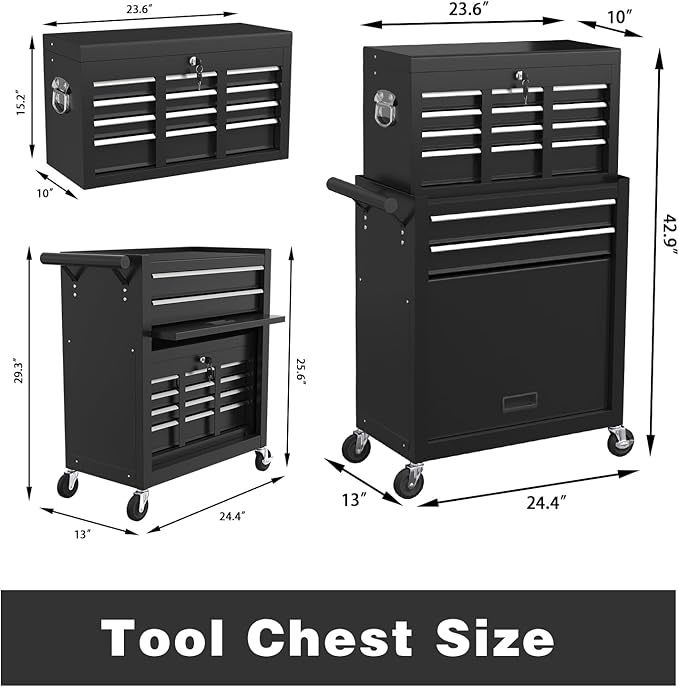 8-Drawer Rolling Tool Chest, High Capacity Removable Tool Storage Cabinet, Detachable Toolbox with Lock for Garage Warehouse and Tool Room (Black)