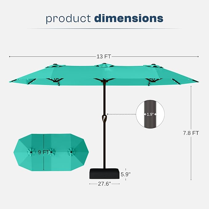 13FT Double-Sided Patio Umbrella with 48 Solar LED Lights, Large Rectangular Outdoor Market Umbrella with Crank Handle, Vented Canopy, Heavy-Duty 12 Rib Steel Frame, for Backyard, Garden, Pool, Turquoise Blue