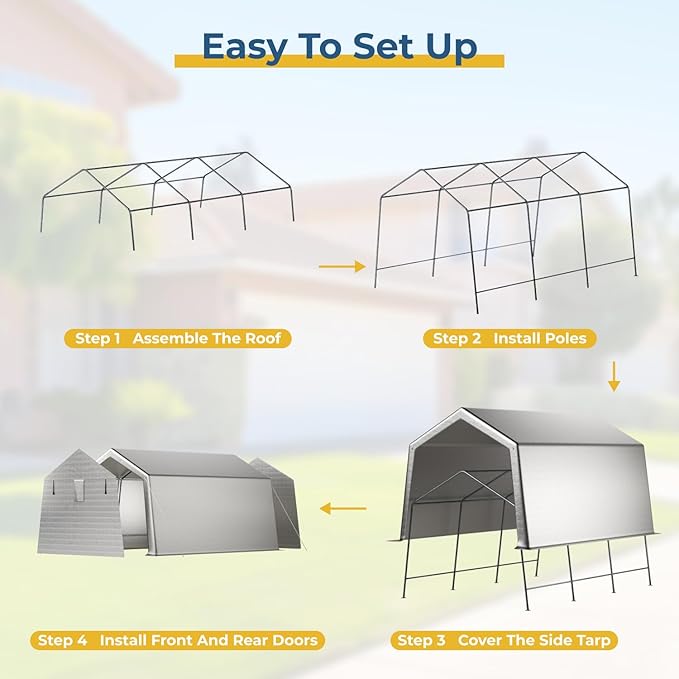 10 x 15 FT Carport, Portable Shed w/220G Heavy Duty Waterproof PE Tarp, Roll-up Zipper Door & Vent, Weather-Resistant Storage Shed for Motorcycle, Bike, ATV and Tools, Gray