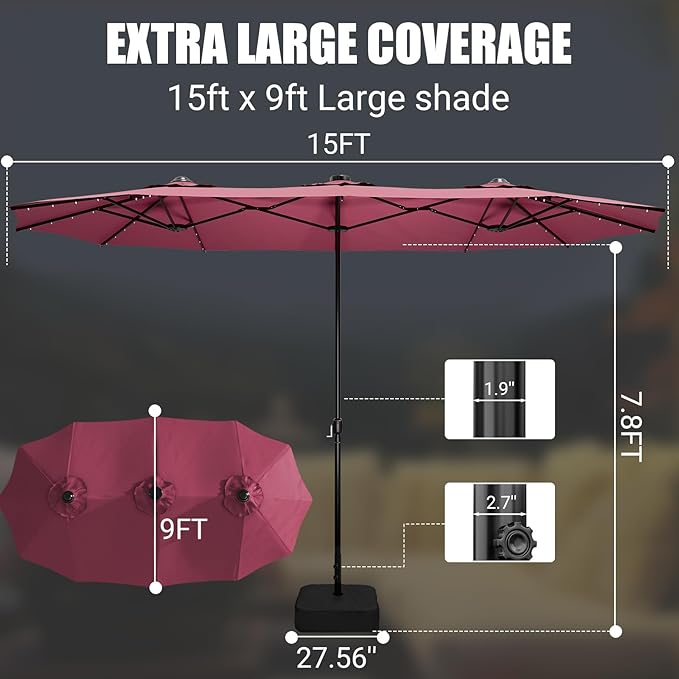 CHABATREE 15FT Rectangle Patio Umbrella with Base & Solar LED Lights - Double-Sided