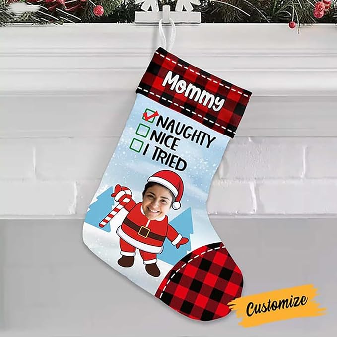 LOVELYPOD Christmas Stockings Personalized with Name, 19" Christmas Stocking Photo Nice Naughty I Tried Family Friends Stocking 2023, Xmas Stocking Holiday Christmas Decoration Gifts for Family Kids