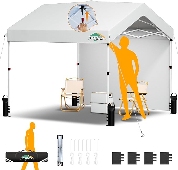 COBIZI 10x10 Pop Up Canopy with One Button Push Center Lock,Ez Up Portable Carport with 1 sidewall,Waterproof UV50+ Outdoor Party Commercial Carport Canopy Gazebos with Carry Bag(10 x 10 ft White)