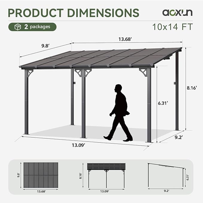Aoxun 10’x 14’ Gazebo, Wall Mounted Gazebos Pergola on Clearance, Outdoor Patio, Large Wall-Mounted Heavy Duty Awnings for Patio, Decks, Backyard