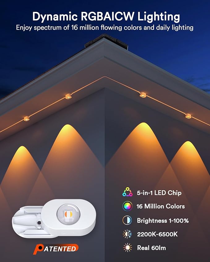 Lumary Smart Permanent Outdoor Lights 2 with Remote & Slide-Base, 100ft with 60 RGBAICW LEDs 3600lm for Daily & Accent Lighting, 110+ Scene for Halloween Christmas Decor, Work with Alexa Google, White