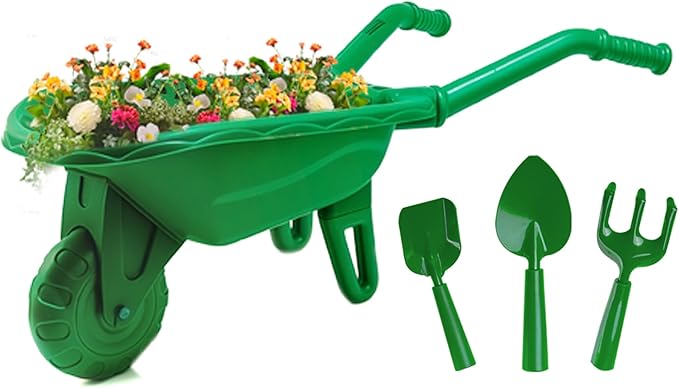 Duckura Kids Wheelbarrow Set - Gardening Tools for Kids with Shovel, Rake, Trowel, Outdoor Yard Lawn Digging Weed Toys, Christmas Birthday Gifts for Boys Girls Age 2 3+Years Old(Green B)