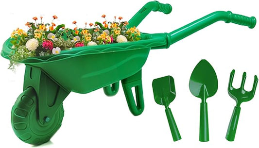Duckura Kids Wheelbarrow Set - Gardening Tools for Kids with Shovel, Rake, Trowel, Outdoor Yard Lawn Digging Weed Toys, Christmas Birthday Gifts for Boys Girls Age 2 3+Years Old(Green B)