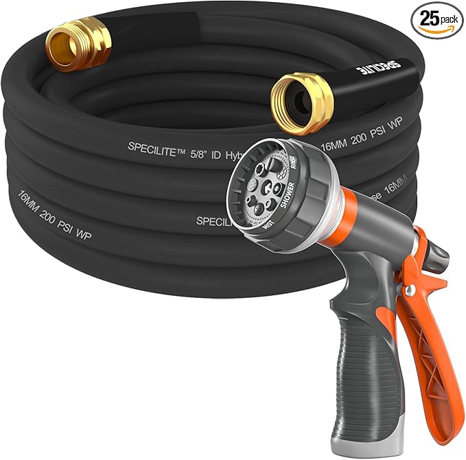 SPECILITE Garden Water Hose 25 ft x 5/8 in Heavy Duty, Flexible and Lightweight, Burst 600 psi, Kink-less Hybrid Rubber Pipe for Backyard, 3/4'' Brass Fittings, Black