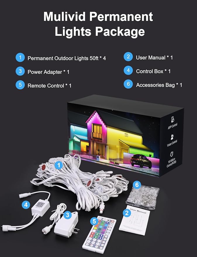 200Ft Permanent Outdoor Lights for House, RGB Halloween House Light Outdoor with Remote APP Control,IP67 Waterproof for Outside Decorations，Eaves Lights for Christmas, Holiday, Party, Daily