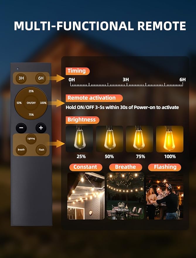 Outdoor Patio String Lights: 50Ft 15M Outside Waterproof Light - Remote Dimmable ST38 Shatterproof Bulb Connectable Hanging Outdoor Electric Lighting - Backyard Yard Gazebo Porch Party