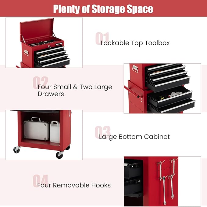 IRONMAX Rolling Tool Chest, 6-Drawer Lockable Tool Cabinet w/ 4 Universal Wheels, 2 in 1 Detachable Tool Box Storage Organizer for Garage Workshop Repair Shop (6-Drawer, Black & Red)