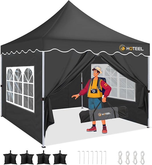 HOTEEL 10×10 Pop Up Canopy with 4 Sidewalls, UV 50+ and Waterproof 10×10 Canopy Tent, Thickened Frame, Large Space Easy Pop Up Canopy, Outdoor Canopy for Weddings, Beaches, Parties, Patio (Black)