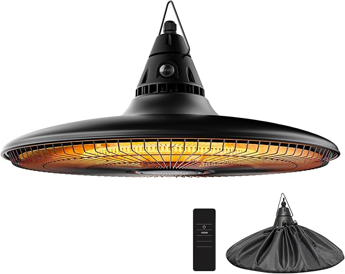 Hanging Heater, 1500W Outdoor Electric Patio Ceiling Heater with Remote Control, Infrared for Courtyard, Garage, Patio, Overheat & Tip-Over Protection, Waterproof, Black