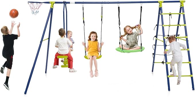 Costzon Swing Sets for Backyard, 6 in 1 Heavy-Duty Metal Swing Set with 2 Swings, Glider, Basketball Hoop, Climbing Ladder and Net, Playground Sets for Backyards, Outdoor Playset for Kids 3+ (Green)