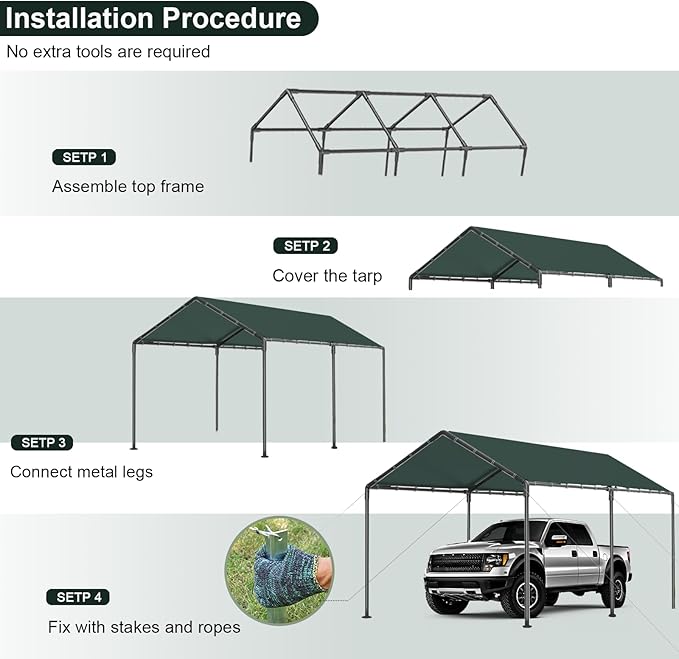 10x20 Heavy Duty Carport, Outdoor Carport Shelter with Reinforced Frame and Stakes, Waterproof Garage Car Port Tent (Green)