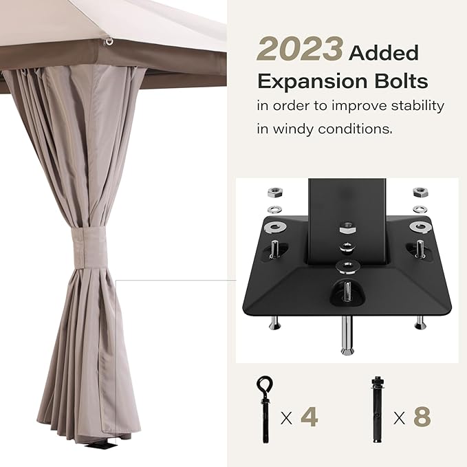 LAUSAINT HOME Semi-Permanent Patio Gazebo 10'x10' with Expansion Bolts, Outdoor Heavy Duty Party Shelter with Double Roofs, Mosquito Nettings and Privacy Screens for Backyard, Garden, Lawn, Khaki