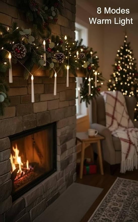 10 Hanging Christmas Tree Candle Lights, 24ft Plug-in LED Flameless Candles with Warm Glow, 8 Lighting Modes, Waterproof & Connectable for Indoor/Outdoor Holiday Decorations