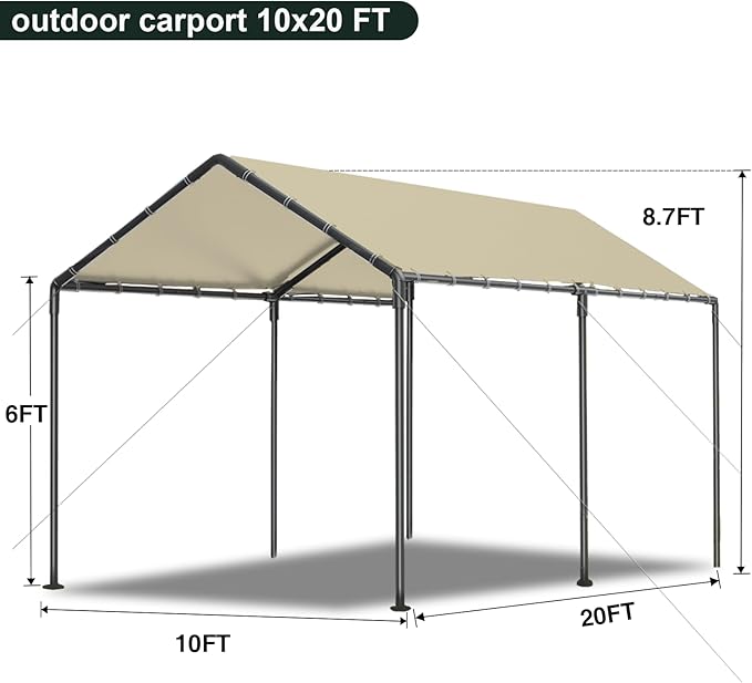 10x20 Heavy Duty Carport, Outdoor Carport Shelter with Reinforced Frame and Stakes, Waterproof Garage Car Port Tent (Beige)