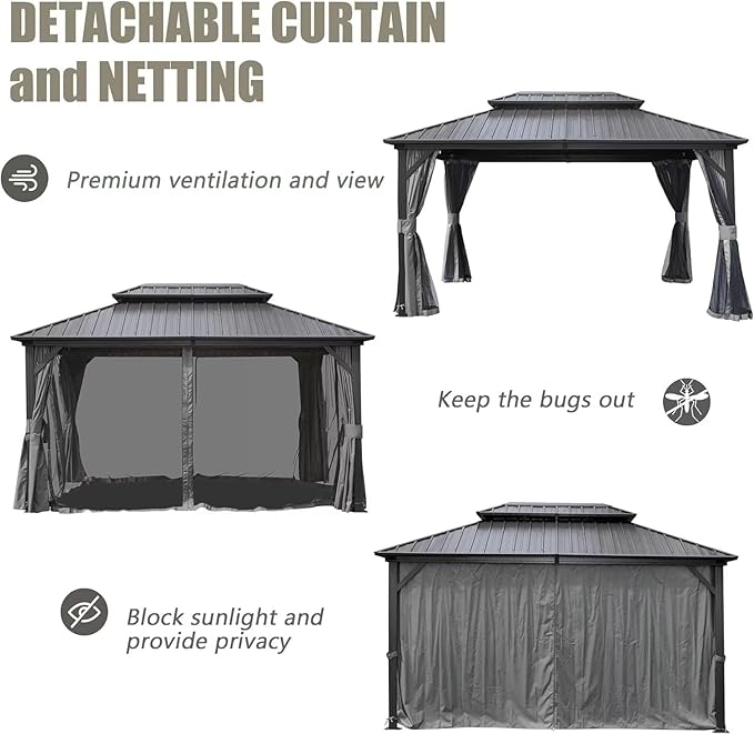 Domi 12’ X 14’ Hardtop Gazebo Canopy with Netting & Curtains, Outdoor Metal Gazebo with Galvanized Steel Double Roof for Patio Lawn and Garden, Gray