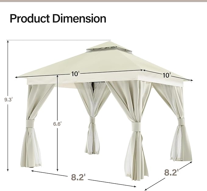 LAUSAINT HOME Semi-Permanent Patio Gazebo 10'x10' with Expansion Bolts, Outdoor Heavy Duty Party Tent with Double Roofs, Mosquito Nettings and Privacy Screens for Backyard, Garden, Lawn, Cream White