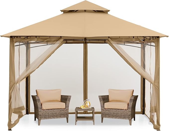 MASTERCANOPY Outdoor Garden Gazebo for Patios with Stable Steel Frame and Netting Walls (9x9,Beige)