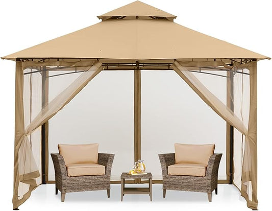 MASTERCANOPY Outdoor Garden Gazebo for Patios with Stable Steel Frame and Netting Walls (9x9,Beige)