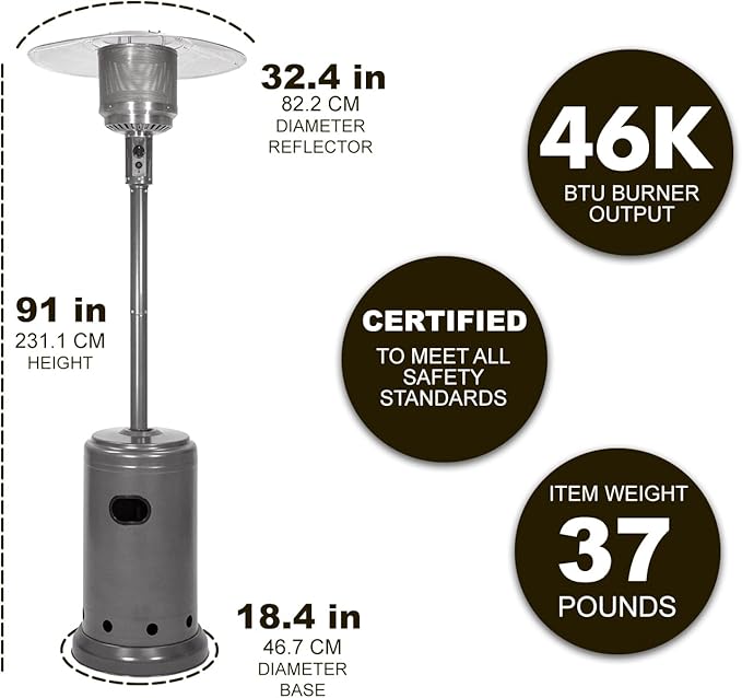 Amazon Basics 46,000 BTU Outdoor Propane Patio Heater with Wheels, Commercial & Residential, Slate Gray, with Water Tank, 32.1 x 32.1 x 91.3 inches (LxWxH)