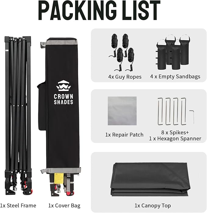 CROWN SHADES 10x10 Pop Up Canopy Tent - Patented Center Lock One Push Instant Outdoor Canopy Beach Tent with STO-N-Go Bag 8 Stakes & 4 Sand Bags，Grid Grey