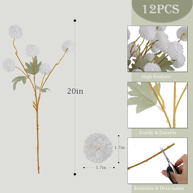 Hananona 12 Pcs Artificial Kiku Flowers, Fake White Chrysanthemum Pom Pom Mums Flower Faux Floral Arrangements Wedding Centerpiece for Fall Home Kitchen Decor (12, White)