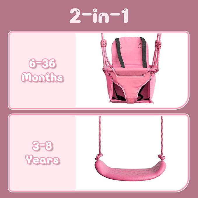 2-in-1 Toddler Swing Set with Foldable Stand, Baby Swingset with 2 Types of Anchors for Indoor & Outdoor, 1 Belt & 1 Soft Swing Seat with Safety Harness & Height Adjuster for 6 Months and Older Kids