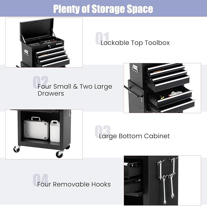 IRONMAX Rolling Tool Chest, 6-Drawer Lockable Tool Cabinet w/ 4 Universal Wheels, 2 in 1 Detachable Tool Box Storage Organizer for Garage Workshop Repair Shop (6-Drawer, Black)