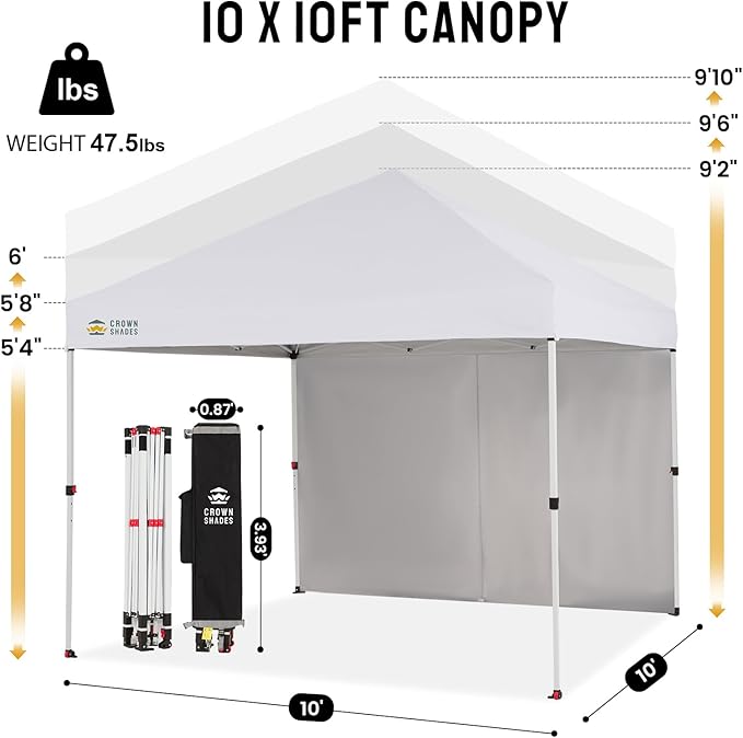 CROWN SHADES 10X10 Comercial Instant Canopy Pop Up Tent with Center Lock (10x10 with 4 Sidewalls, White)