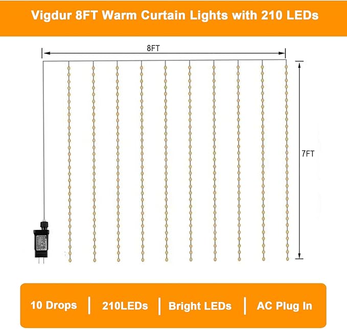 Vigdur Led Curtain String Lights, 8FT Window Fairy Lights for Bedroom with 210 Warm LEDs, Hanging Twinkle Indoor String Light for Party Wedding Garden Wall Decor(8 * 7ft)