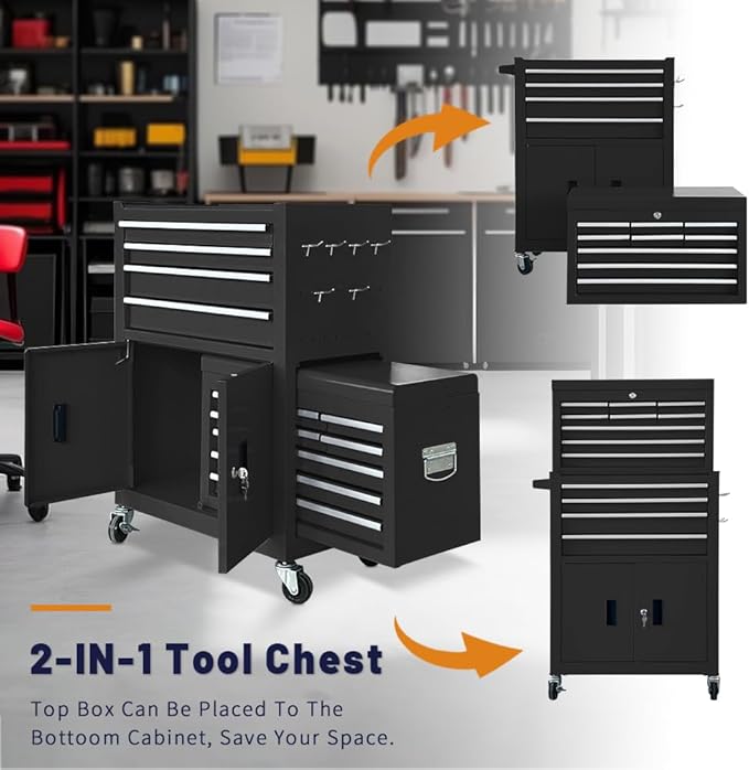 13-Drawer Rolling Tool Chest with Double Doors, 2 in 1 Detachable Rolling Tool Chest with Drawers, Mobile Tool Cabinet Combo, Metal Large Lockable Tool Box for Garage Workshop (Black)