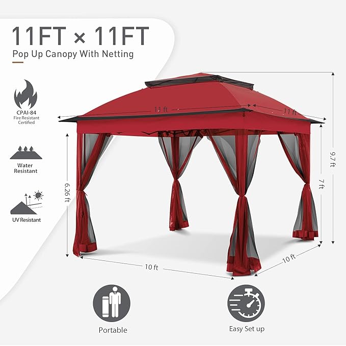 COOS BAY 11x11 Pop Up Gazebo with Mesh Netting, Instant Outdoor Canopy Tent, Water Resistant Shelter with UPF 50+ UV Protection, 121 Sq Ft Coverage, Red