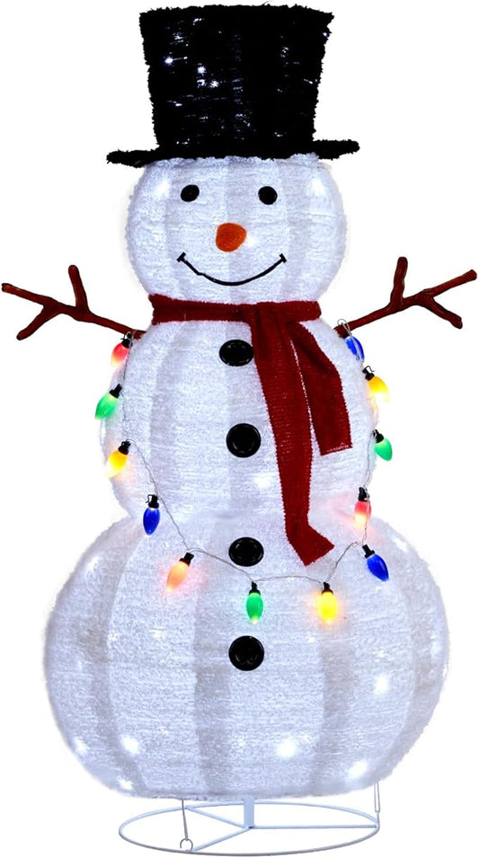 VINGLI 4FT Pop up Snowman Christmas Decorations, Outdoor Snowman Lighted with Tall Hat, Cute Branch Hands for Xmas, Snowman Ornaments with Pre-lit Lights Decor for Indoor Yard Lawn Porch, Plug in
