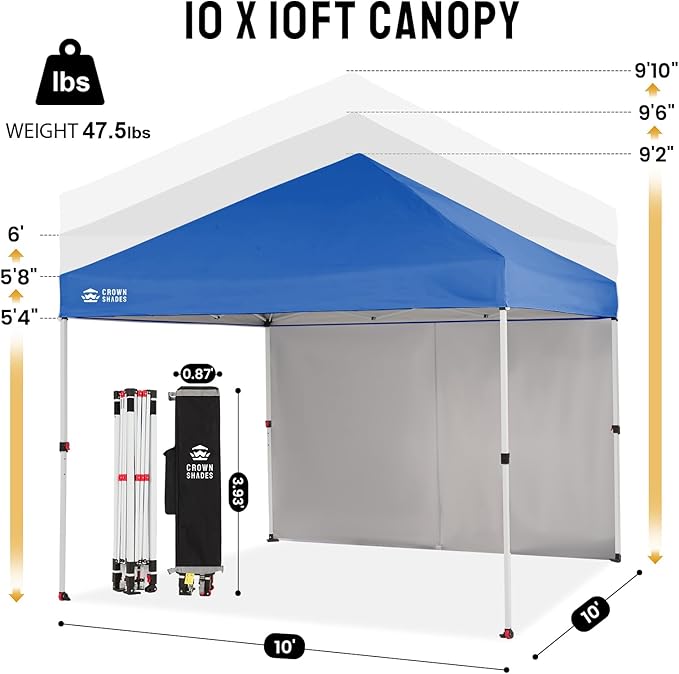 CROWN SHADES 10X10 Comercial Instant Canopy Pop Up Tent with Center Lock (10x10 with 4 Sidewalls, Blue)