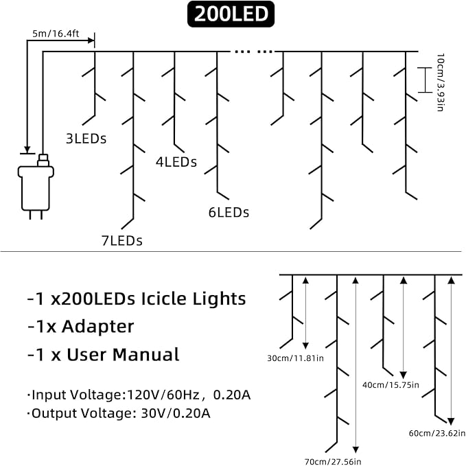 Christmas Outdoor Icicle Lights - 200 LED 21+16 FT 8 Modes Curtain Fairy String Light Plug in, Waterproof for Eaves Yard Holiday Xmas Holiday Indoor Outdoor Decoration - White