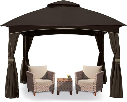MASTERCANOPY Outdoor Patio Gazebo for Garden with Upgrade Steel Frame and Netting Walls (8x8,Brown)
