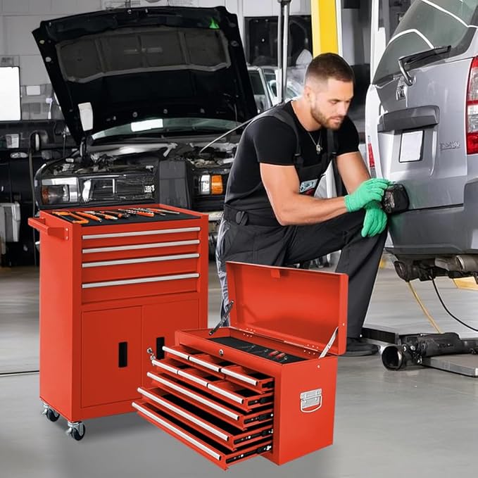 13-Drawer Rolling Tool Chest with Double Doors, 2 in 1 Detachable Rolling Tool Chest with Drawers, Metal Large Lockable Tool Box£¬Mobile Tool Cabinet Combo for Garage Workshop (Red)